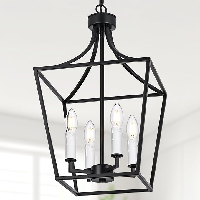 4-Light Black Lanter Chandelier, Height Adjustable Hanging Lighting, Farmhouse Dining Room Pendant Light Fixture for Kitchen Island Entryway Staircase, E12 Bulb Base