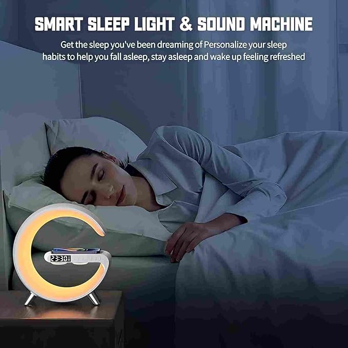 BKDRL Bluetooth Speaker Lamp with Wireless Charger, RGB Night Light, Alarm Clock, App Control - White