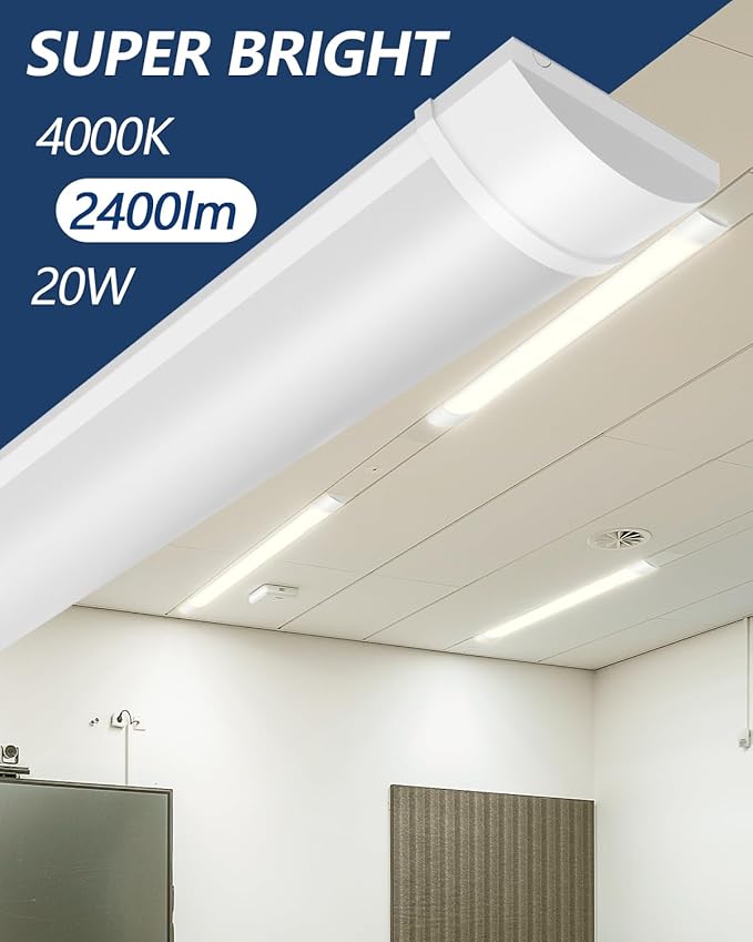 Sararoom 2ft LED Shop Fixture, 20W Tube, 2400lm, 4000K Neutral White, 60cm 23.6inch Garage Closet Ceiling Light for Office Home Basement, No Plug, No Ground Wire
