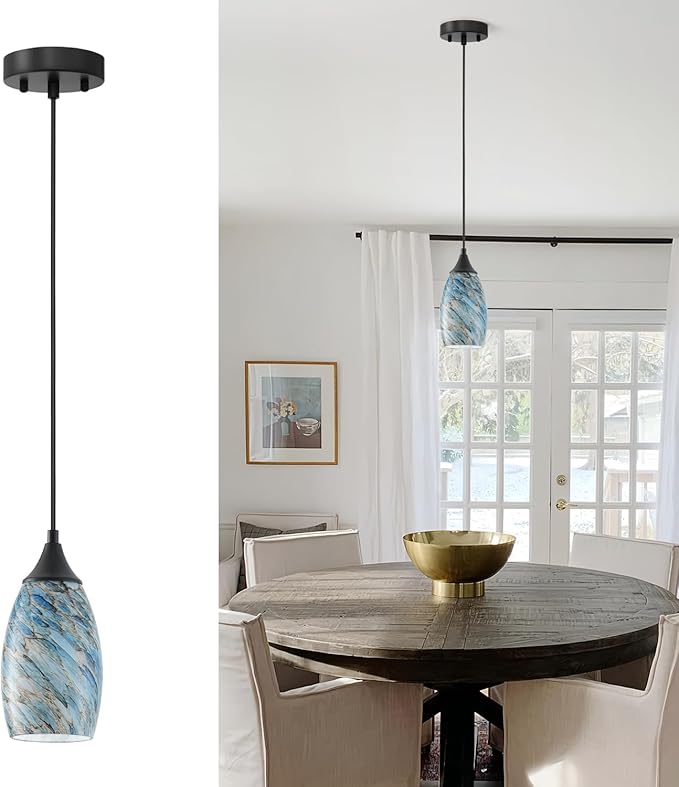 ANYLOVE Vintage Art Pendant Blue Pebble Lighting,1-Pack Hand Glass Hanging Light Fixture,Adjustable Cord for Kitchen,Hallway,Dining Room