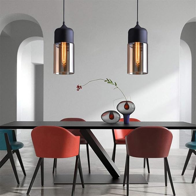 Glass Pendant Light, Black Modern Hanging Lamp with Amber Cylinder Shade, Vintage Industrial Farmhouse Pendant Lighting Fixture for Kitchen Island Dining Room Hallway