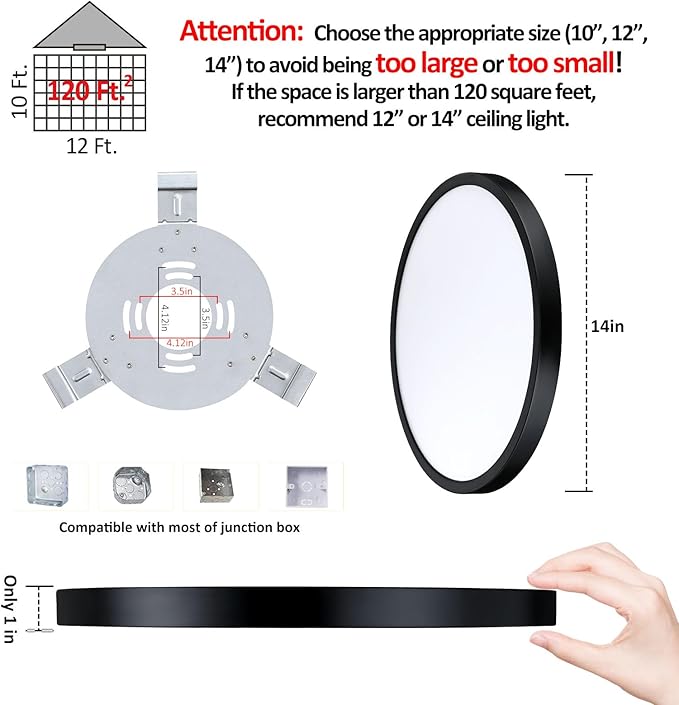 Flush Mount Ceiling Light Fixture, 14 Inch LED Modern Kitchen Light, Slim Dimmable Black Flush Mount Light for Low Ceiling, Laundry, Hallway, Metal and Glass Lighting, 26W, 3000K, 2 Pack