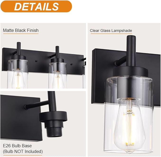 VINLUZ 6-Light Bathroom Vanity Light Fixture Black Modern Wall Lighting with Clear Glass Shade Industrial Sconces Wall Mounted Lamp for Kitchen Dining Room (Patent No.: US D958,438 S)