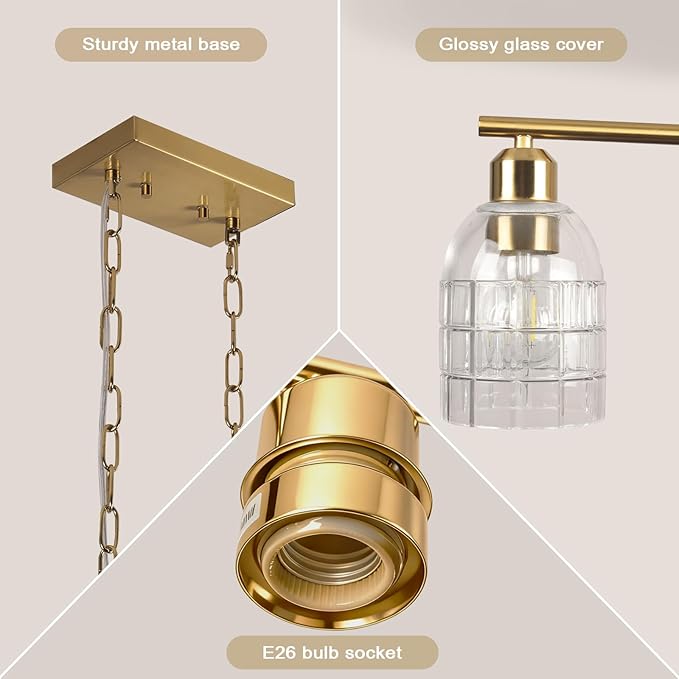 FRIXCHUR Gold Kitchen Island Lighting, 3-Lights Linear Chandelier Pendant Light with Clear Glass Shade, Height Adjustable Industrial Chandelier Pendant Light for Kitchen Island Dining Room