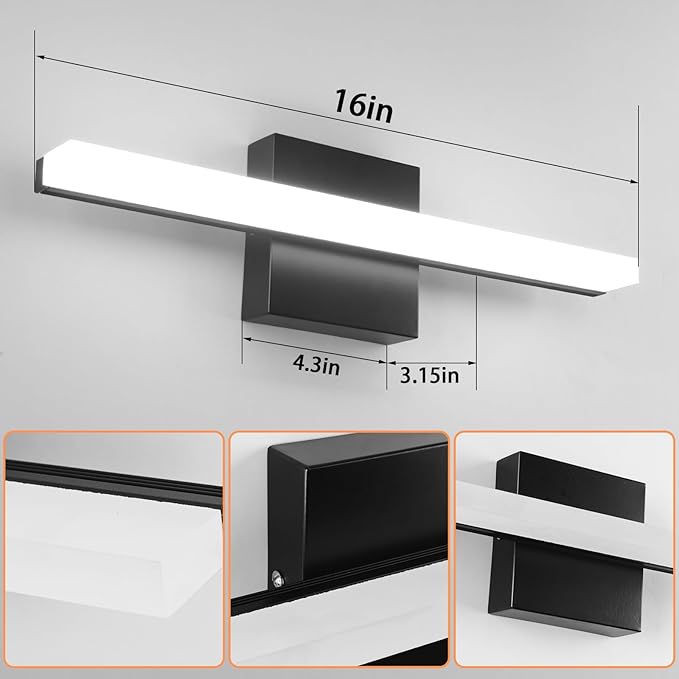 LED Bathroom Vanity Light 16in 3 Color Temperature Over Mirror Lighting Fixture Modern Indoor Black Wall Sconce Adjustable Lighting Color 3000K/ 4000K/ 5000K