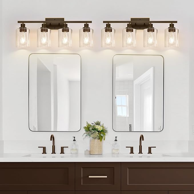 MOKATNG 4-Light Bathroom Light Fixtures, Vanity Light with Clear Glass Shades, Oil-Rubbed Bronze Bathroom Light Fixtures Over Mirror, Modern Bathroom Wall Lamp for Mirror Living Room Cabinet Bedroom