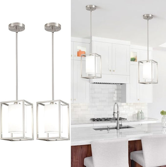 Brushed Nickel Pendant Lights Kitchen Island 2 Pack, Modern Small Lantern Kitchen Pendant Lighting Over Island, Farmhouse Kitchen Island Lights Ceiling Hanging, Industrial Cage Pendant Light Fixtures