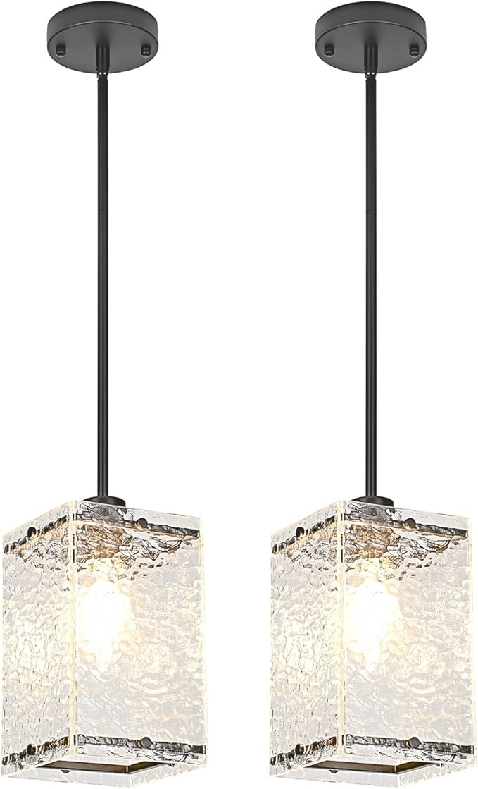 Water Ripple Glass Pendant Lights Black Pendant Lights Kitchen Island Adjustable Modern Hanging Pendant Light Fixtures for Sink Kitchen Dining Room Foyer Entryway, 2 Pack