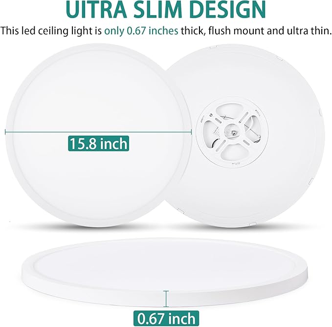 16 Inch LED Flush Mount Ceiling Light – 32 W 3200 LM Dimmable, 3-CCT Changeable (3000K/4000K/6500K), Ultra-Thin Modern Round Light Fixture for Kitchen, Dining Room, Bedroom, Office