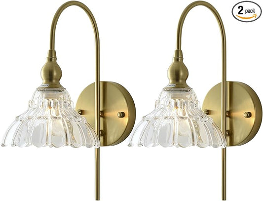 Vintage Wall Sconces with Clear Flower Glass Lampshade, Indoor Bath-Room Wall Sconce, Modern Gold Industrial Lighting Fixture for Mirror Living Room Hallway 2 Pack