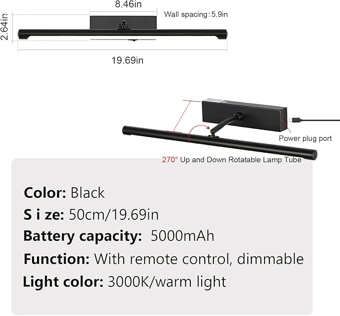 Picture Light for Wall Battery Operated, 20" Rechargeable Art Light with Remote and Timer for Painting, 9000mAh Wireless Wall Light for Display, Artwork, Portrait, Gallery, Black