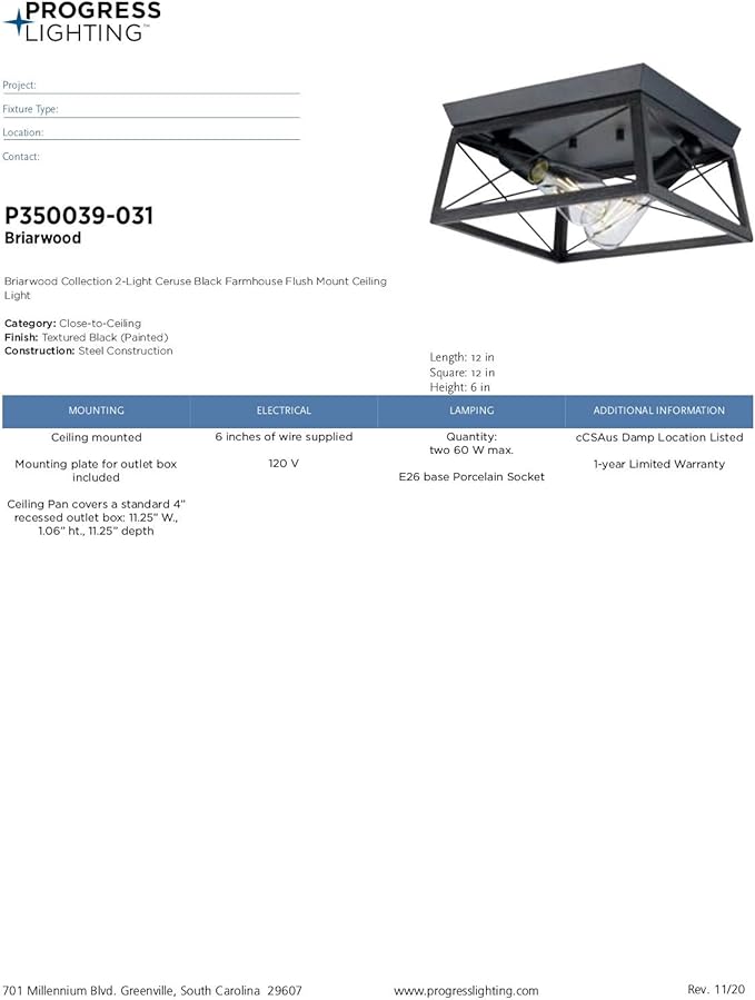 Progress Lighting Briarwood Collection 2-Light Ceiling Light, Flush Mount Ceiling Light Fixture for Interior Kitchen Lights, Hallway, Bedroom, Living Room, 12-Inch by 6-Inch, Textured Black