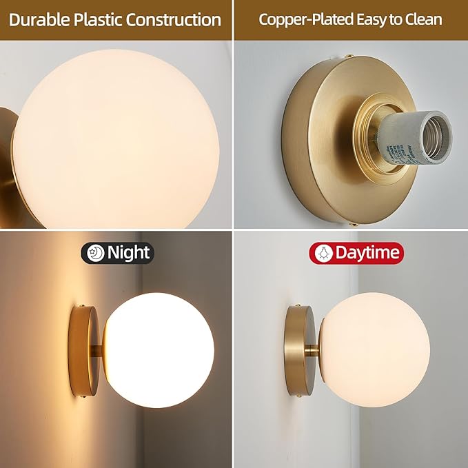 6" Modern Globe Wall Sconces, Mid Century Gold Aged Brass Wall Mounted Lamp with Globe Shade, Indoor Wall Light Fixture Ceiling Light for Bedroom Living Room Hallway Stairway.