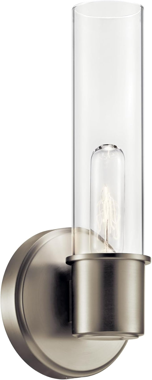 Kichler Aviv 1-Light Wall Sconce, Modern Light with Clear Glass in Brushed Nickel, for Bedroom, Laundry Room, Kitchen or Hallway (13" x 5.5"), 52653NI