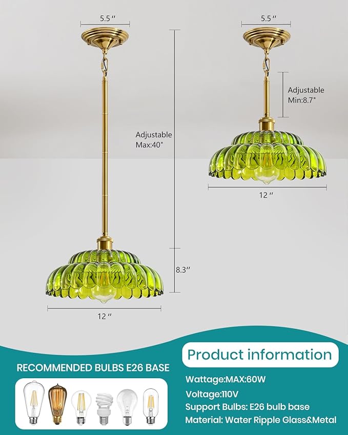 Modern Ceiling Lights, Green Glass recessed Pendant Lights, Height-Adjustable Ceiling fixtures Suitable for Living Rooms, hallways, Kitchens, and bedrooms.
