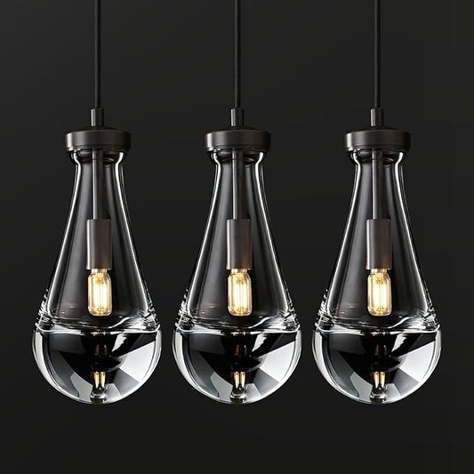 Raindrop Pendant Lights Kitchen Island Set of 3, Black Rain Pendant Island Light DimmableTeardrop Pendant Lights Dining Room Height Adjustable Glass Waterdrop Pendant Light, E12 Bulb Included