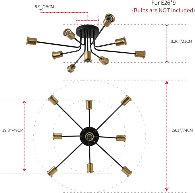 9-Lights Semi Flush Mount Ceiling Light Fixture Black and Gold,Modern Sputnik Semi Flush Mount Chandelier for Office Kitchen Bedroom Dining Room Living Room
