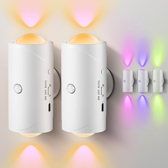 LED Motion Sensor Night Light, 7 Colors Rechargeable Battery Stair Light, Wireless Magnetic Wall Lamp, Cordless LED Wall Night Lights for Steps, Bedroom, Hallway, Courtyard, Holiday Decor, 2-Pack