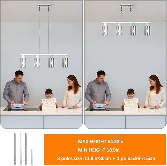 4-Light Kitchen Island Lighting, Chrome Dining Room Light Fixture/Island Light Over Table Hanging for Farmhouse Linear Chandeliers Rustic Ceiling Pendant Light Fixtures with Smoke Gray Glass Shade