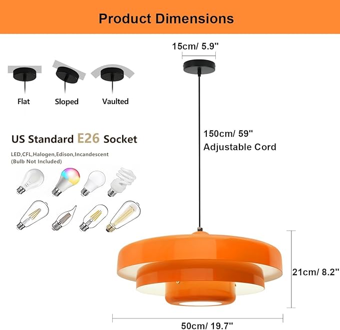 19.7" Large Mid Century Chandelier, 3-Tier Orange Metal Shade Pendant Light, Industrial Adjustable Ceiling Hanging Fixture for Dining Room, Hallway, Bedroom