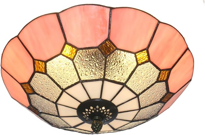 12 Inch Tiffany Style Vintage Stained Glass Ceiling Light Flush Mount Ceiling Light Pendent Chandelier Lighing Fixtures (12 Inch Pink)