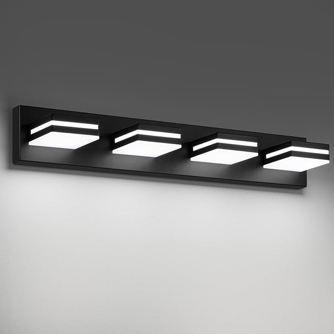 Modern LED Bathroom Lights Fixtures 4-Light,Metal Black Acrylic Wall Lighting,Vanity Lights for Bathroom Over Mirror 6000k 27in