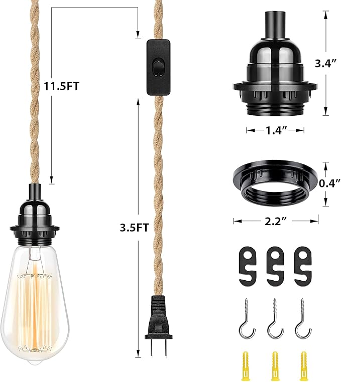 HURYEE Plug in Hanging Light Fixture, 15FT Pendant Lamp Lights Cord with Switch Cord E26 Bulbs Socket, Industrial DIY Twisted Hemp Rope Overhead Lamps for Farmhouse Bedroom Home Lighting Decors