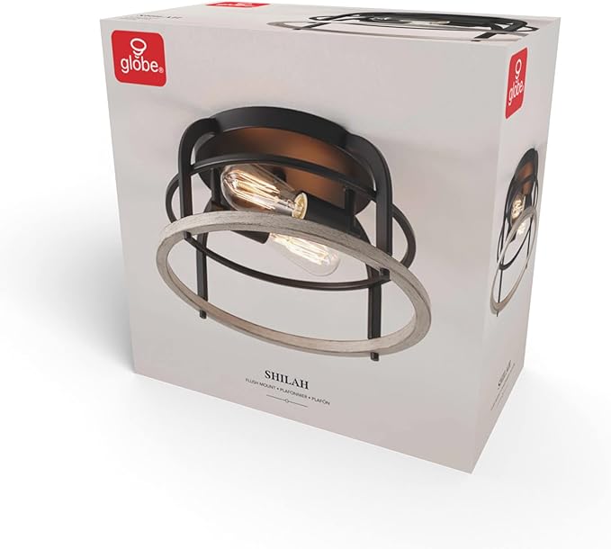 GLOBE Electric 65888 Shilah 2-Light Flush Mount Ceiling Light, Matte Black, Faux Wood Accents