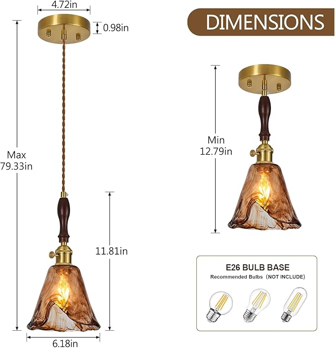 Amber Glass Vintage Pendant Light Height Adjustable Handmade Glass Pendant Lights Kitchen Island Gold Hanging Light Fixture with Wood Handle for Bedroom Dining Room Hotel (2 Pack)