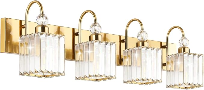 Ralbay Crystal Gold Bathroom Vanity Lights 4-Lights Vanity Lights Over Mirror Modern Crystal Gold Bathroom Wall Lighting Fixtures