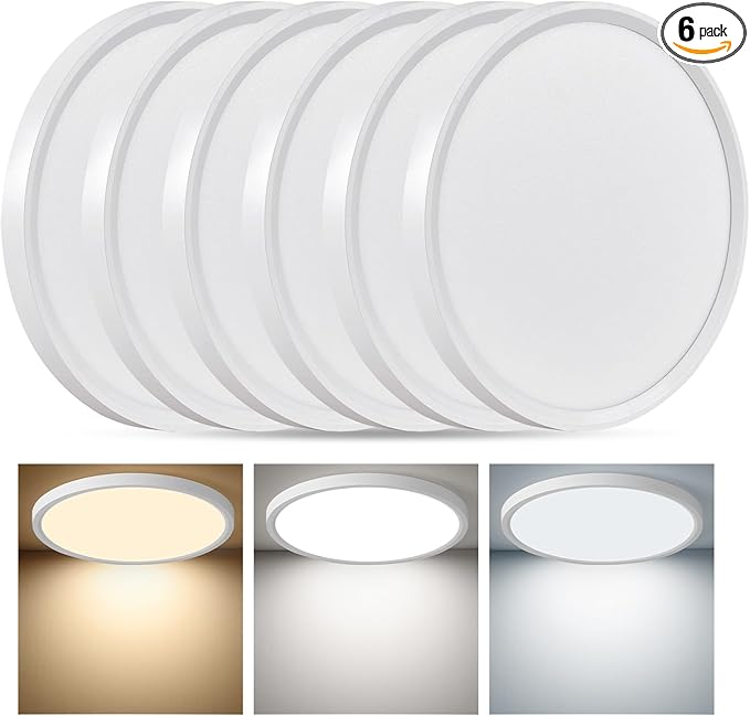 6PK 12 Inch LED Flush Mount Ceiling Light, 24W, 2520LM, 3000K/4000K/6000K CCT Selectable, 0.9inch Super Slim LED Ceiling Light Fixture, Low Profile Round Flat Panel Light for Bedroom,Kitchen,Hallway