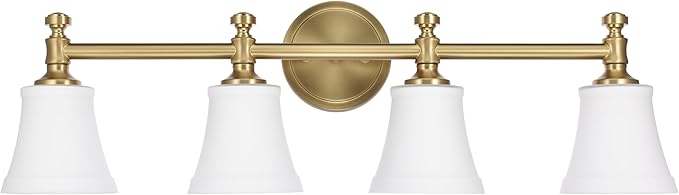 Bathroom Vanity Light Fixtures, Traditional Aged Brass 4 Lights Wall Sconce Lighting with Opal Glass Shade, Porch Wall Mount Light Fixture for Bathroom, Mirror Cabinets Hallway Stairs