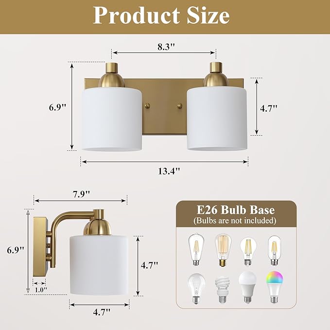 Mecgirn Stainless Steel Milk Glass Vanity Lights for Bathroom, 2 Light Gold Bathroom Light Fixtures Over Mirror, Ceramic E26 Sockets Wall Mounted
