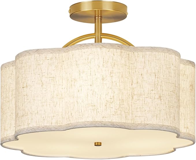 CALOKES Semi Flush Mount Ceiling Light, 16" Modern 3-Light Fixture with Petal-Shaped Beige Linen Shade and Golden Support Arm, Ideal for Bedroom, Kitchen, Living Room, Hallway, and Entryway