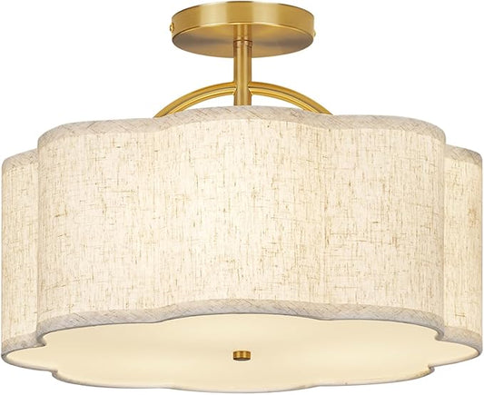 CALOKES Semi Flush Mount Ceiling Light, 16" Modern 3-Light Fixture with Petal-Shaped Beige Linen Shade and Golden Support Arm, Ideal for Bedroom, Kitchen, Living Room, Hallway, and Entryway