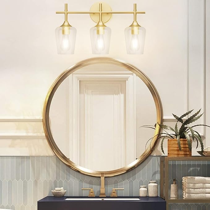 Ralbay Gold Bathroom Vanity Light 3-Lights Vintage Gold Vanity Lights Wall Lighting Clear Glass Gold Bathroom Light Fixtures Over Mirror