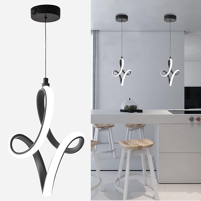 Modern Led Pendant Light 5500K Cold White Kitchen Island Pendant Light Fixtures Adjustable Height Led Pendant Lamp for Kitchen Island Dining Room Hanging Light, 1 Pack (Black)