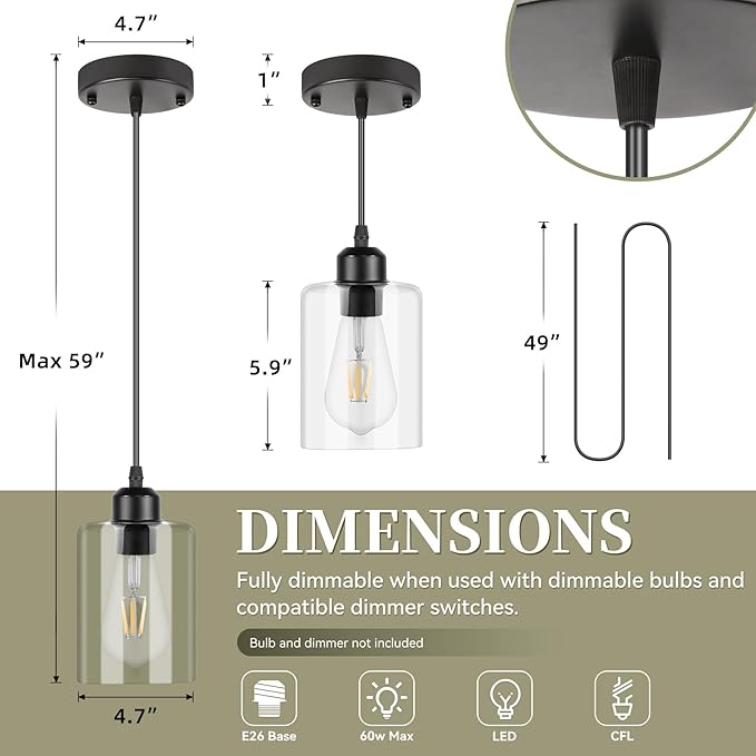 CANMEIJIA Modern Black Farmhouse Pendant Light with Glass Shade, Industrial Pendant Lighting, Island Lights for Kitchen, Modern Hanging Light Fixtures for Kitchen Island Decor (Black 2 Pack)