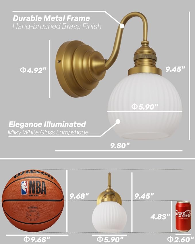 Milk Glass Wall Sconce Hardwired Bathroom Vanity Light with Striped Bowl Milk Glass Vintage Brass Wall Mounted Lights for Bathroom Mirror Living Room Bedroom Kitchen E26