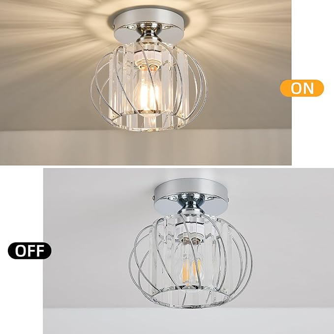 Semi Flush Mount Crystal Ceiling Light, Metal Cage Hallway Ceiling Lamps, Farmhouse Ceiling Light Fixture, Industrial Crystal Chandelier for Corridor Bathroom Kitchen (2, Chrome, 7.5 Inch)