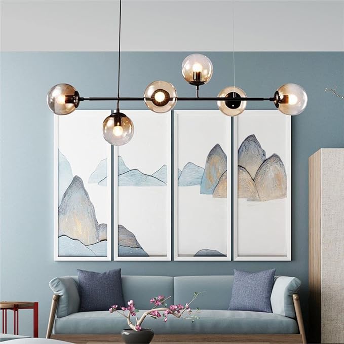 BOKT Modern 6-Light Hanging Light Glass Ball Pendant Light Kitchen Island Linear Pendant Light Dining Room Chandelier for Iving Room Dining Hall