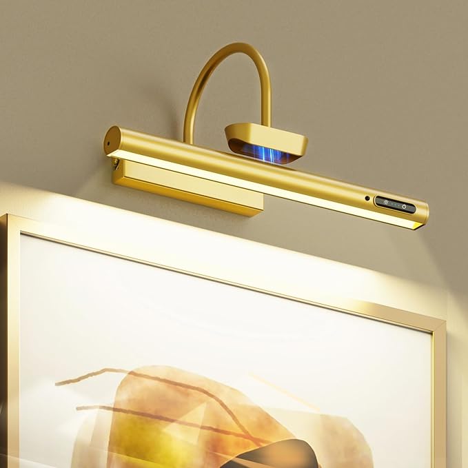 Bridika Picture Light Battery Operated, 13.8in Picture Lights for Wall, 3 Colors & Brightness Dimmable, Rechargeable Art Light for Paintings Photo Dartboard Gallery Bedroom Bathroom Gold