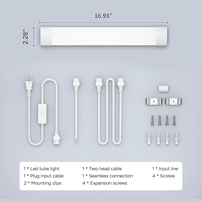 Under Cabinet Lighting 1.4FT 5000K Linkable Closet Plug in Lights, 16W 1800LM LED Light Bar for Room Office Garage Shop Bathroom Workbench, IP66 Waterproof