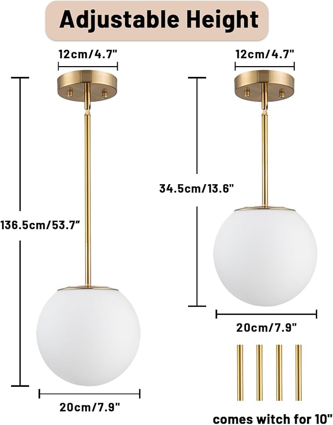 Mid Century Modern Pendant Light – 1-Light Gold Globe with White Glass Shade, Brushed Brass Finish, Adjustable Height for Sloped Ceilings, Hanging Light for Kitchen Island