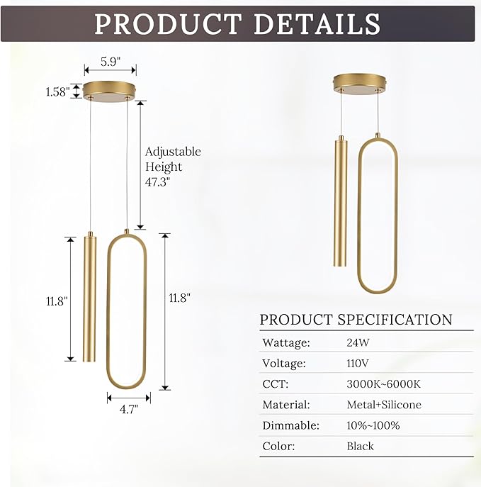 Gold Modern Mini LED Pendant Light with Remote Control, 24W 3-Color Temp Stepless Dimmable Ceiling Hanging Light for Bedroom Kitchen Island Dining Room Foyer Entryway