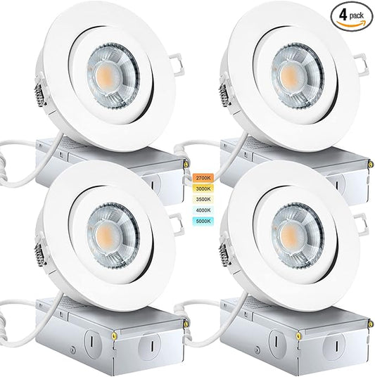 KnLnny Ware Gimbal Recessed Lighting 4 Inch 4 Pack, Ajustable Eyeball Recessed Ceiling Light with Junction Box,5 CCT(2700K-5500K) Selectable,9W 750LM,Dimmable,Airtight, ETL Listed
