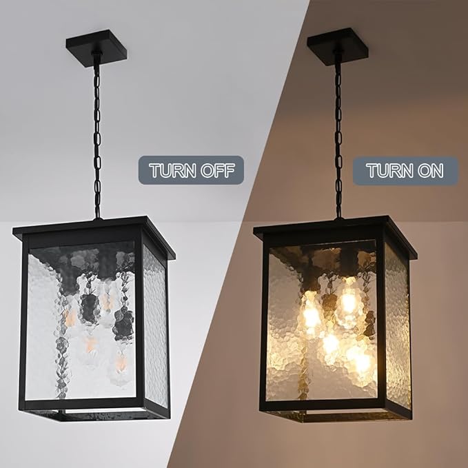 TODOLUZ Large 4-Light Outdoor Pendant Light Fixture, Exterior Hanging Porch Lighting with Hammered Glass for Foyer Entryway, Adjustable Long Chain & E26 Bulb Base