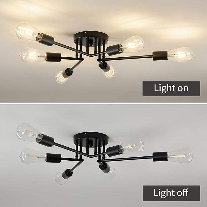 ASGYISA 6-Lights Semi Flush Mount Ceiling Light Fixture Modern Metal Black Sputnik Chandeliers with E26 Bulb Base Close to Ceiling Light for Kitchen Dining Room Living Room Hallway Bedroom