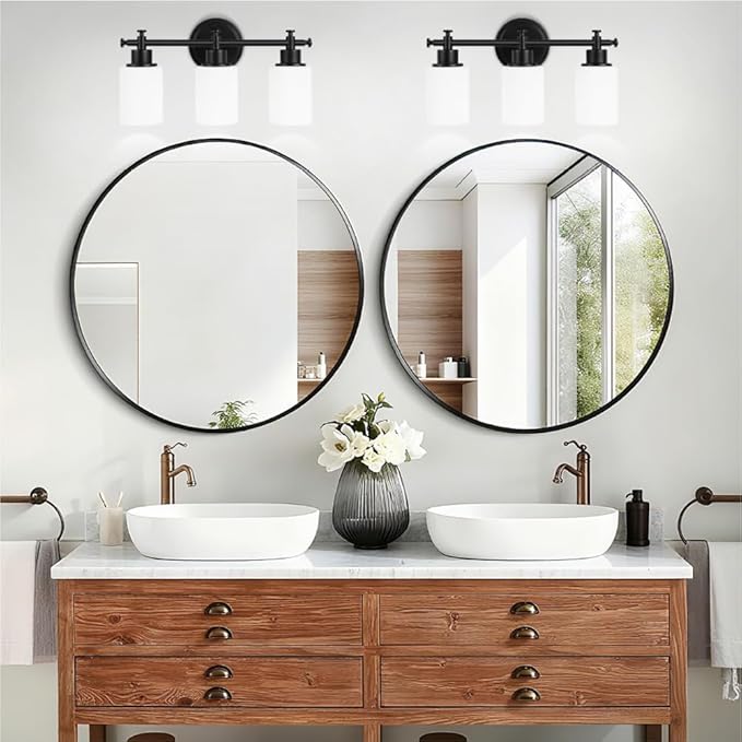 3-Light Black Bathroom Light Fixtures, Modern Vanity Lights Over Mirror, Bathroom Wall Sconces with White Glass Shade, E26 Socket, 15.75" Compact Vanity Light Fixtures