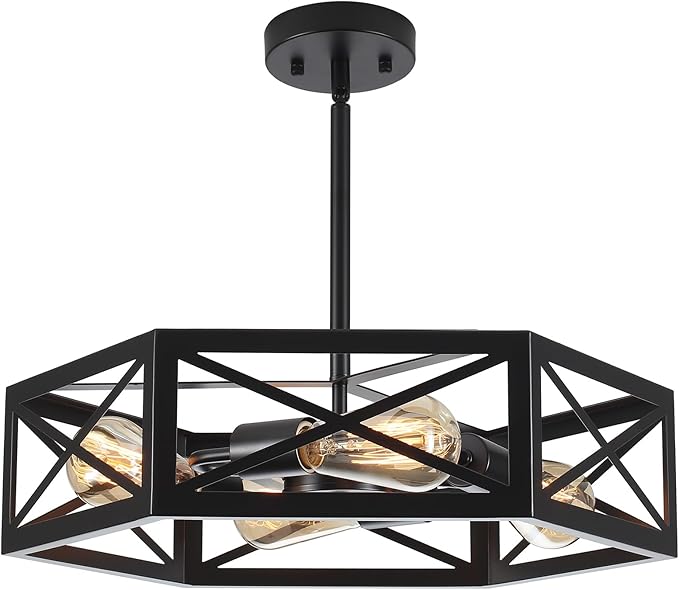 Black Semi Flush Mount Ceiling Lights, Sloped Dining Room Light Fixture Farmhouse Hexagon Chandelier, Kitchen Island Pendant Lighting Adjustable Height for Entryway Hallway Foyer